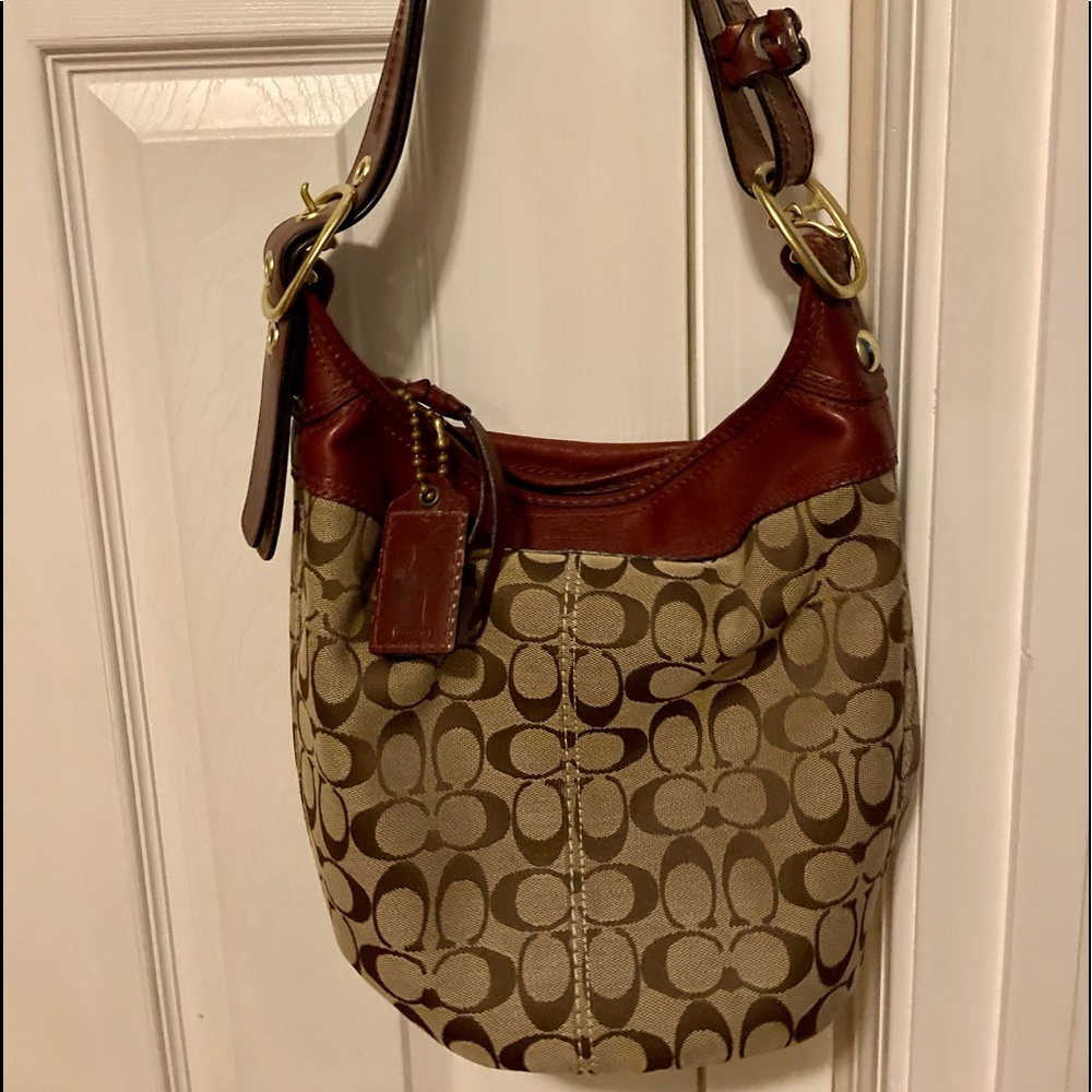 Authentic Vintage Coach Burgundy Leather and small C cloth bucket handbag.